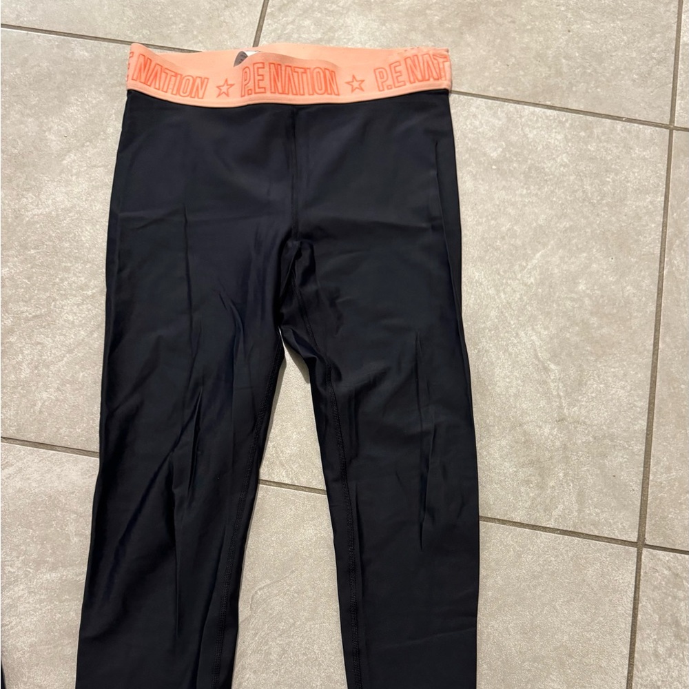 P.E Nation Black Leggings with Coral Elastic Logo Waistband